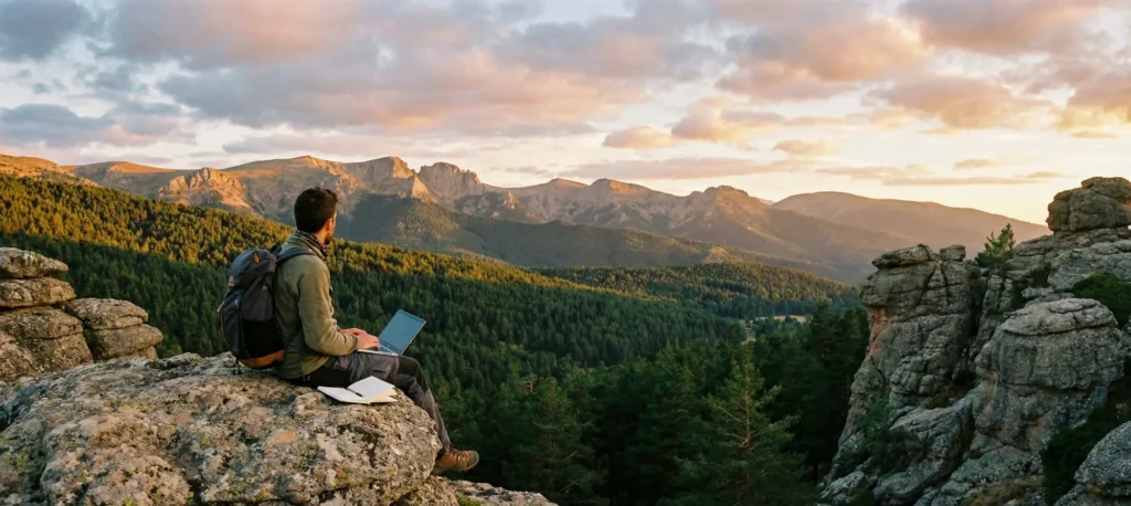 Poder trabajar y vivir en lo que más te gusta, es lo que refleja esta imagen de un joven trabajando desde un mirador rodeado de un mar de bosques