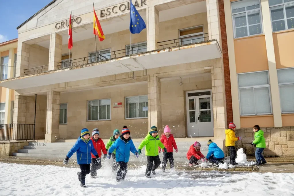 Escuela con numerosos niños jugando entre la nieve