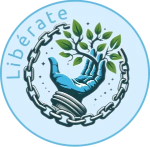 Logo Liberate, mano de la que nace una planta que rompe la cadena que la envuelve